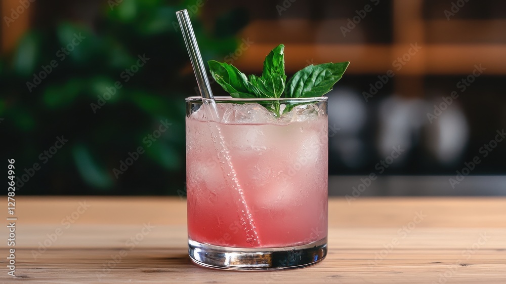 A refreshing cocktail with ice, garnished with mint, served in a clear glass on a wooden surface, surrounded by a soft-focus background.