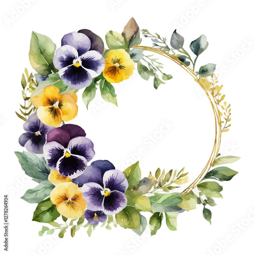 beautiful floral watercolor frame with pink, purple and violet pansy