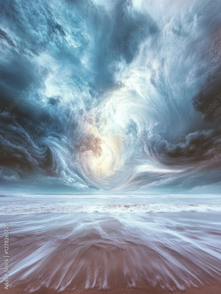A beach with a dramatic sky filled with swirling clouds A beach with a dramatic sky filled with swirling clouds