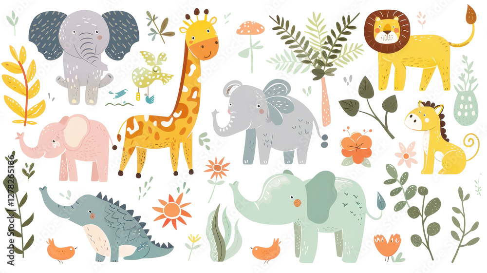 Fototapeta premium Cute Safari Animal Illustrations Set with Giraffes, Elephants, Lions and Leaves in Pastel Colors.
