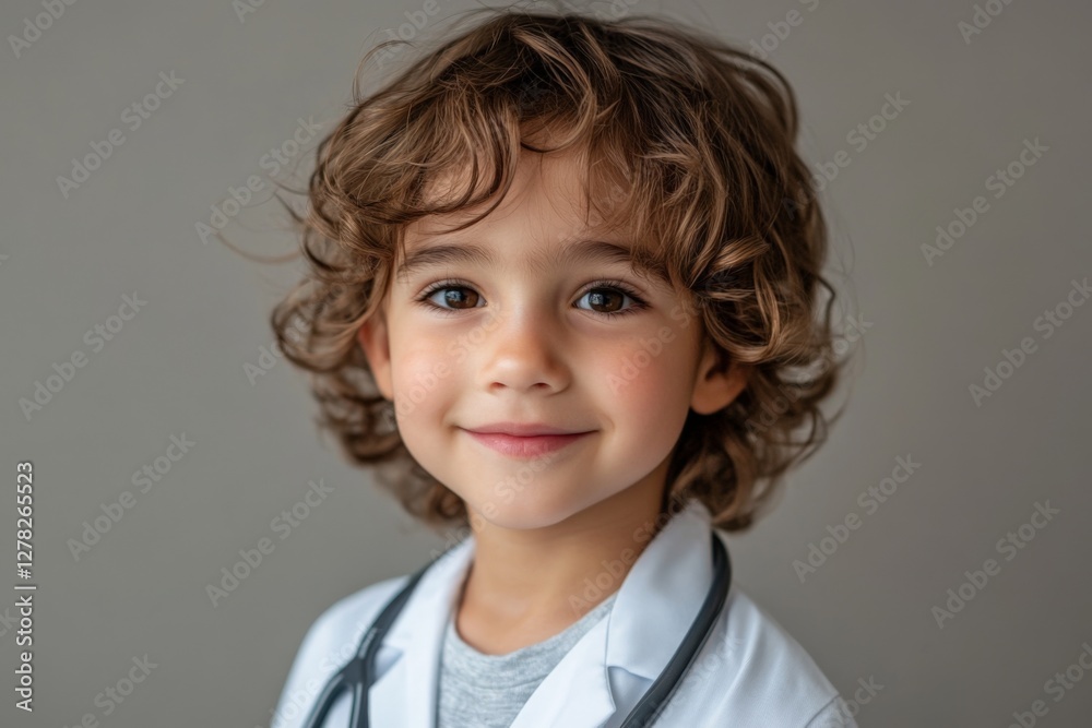 Young child dressed as a doctor smiling warmly, showing enthusiasm and joy in a professional outfit Young child dressed as a doctor smiling warmly, showing enthusiasm and joy in a professional outfit