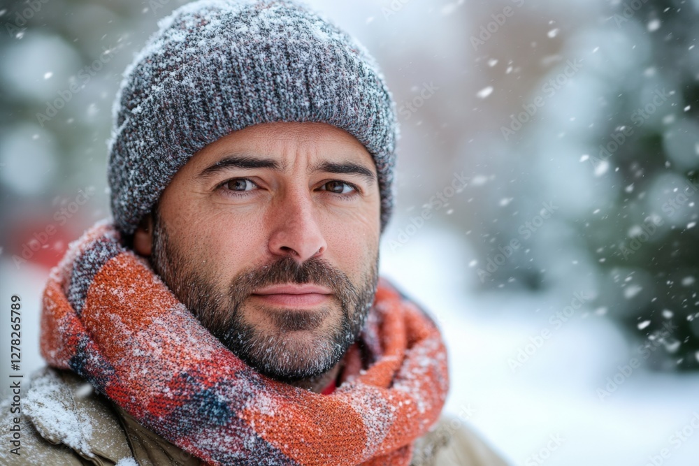 Man with a beard and scarf stands in falling snow during a winter day, surrounded by a snowy landscape Man with a beard and scarf stands in falling snow during a winter day, surrounded by a snowy landscape