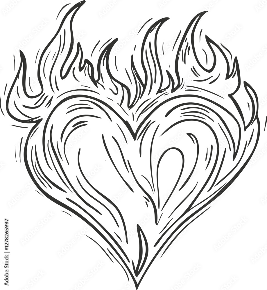 Obraz premium Flaming heart line art illustration representing love and passion.
