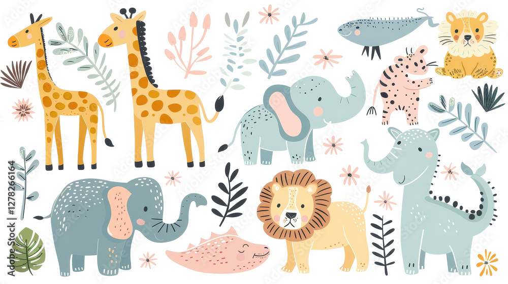 Obraz premium Cute Safari Animal Illustrations Set with Giraffes, Elephants, Lions and Leaves in Pastel Colors.