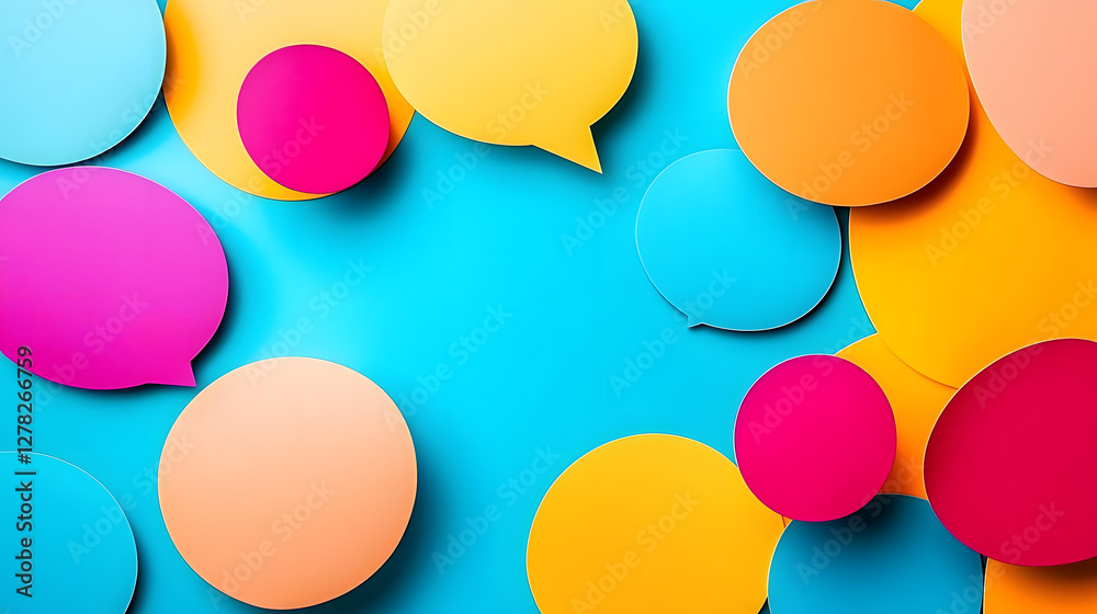 Vibrant speech bubbles in various colors create a playful backdrop, symbolizing communication and interaction in a modern context Vibrant speech bubbles in various colors create a playful backdrop, symbolizing communication and interaction in a modern context