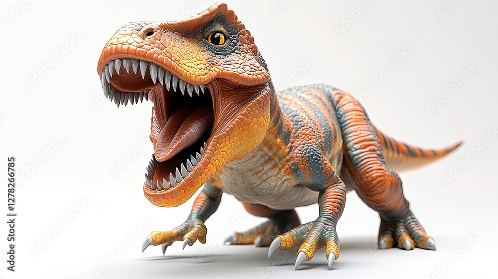 Naklejka premium Close-up of a T-Rex figurine with sharp teeth, showcasing its fierce and prehistoric essence.