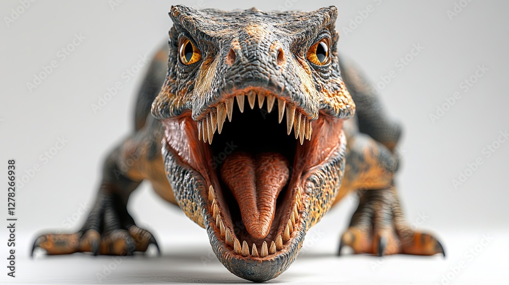 Fototapeta premium Close-up of a T-Rex figurine with sharp teeth, showcasing its fierce and prehistoric essence.