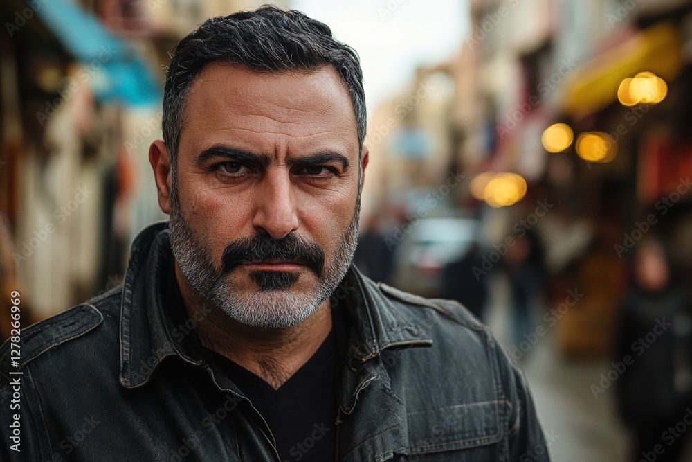 Fototapeta premium Serious man in leather jacket walking through an urban market district during late afternoon