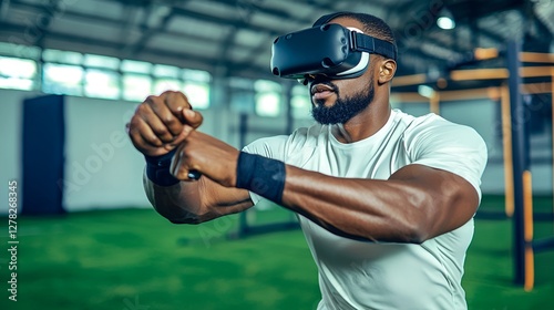 Man using VR headset in gym, virtual fitness training, active lifestyle photo