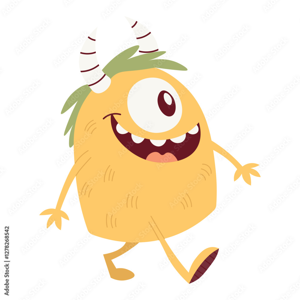 Fototapeta premium Cute yellow monster with horns and one eye. Vector children's flat illustration