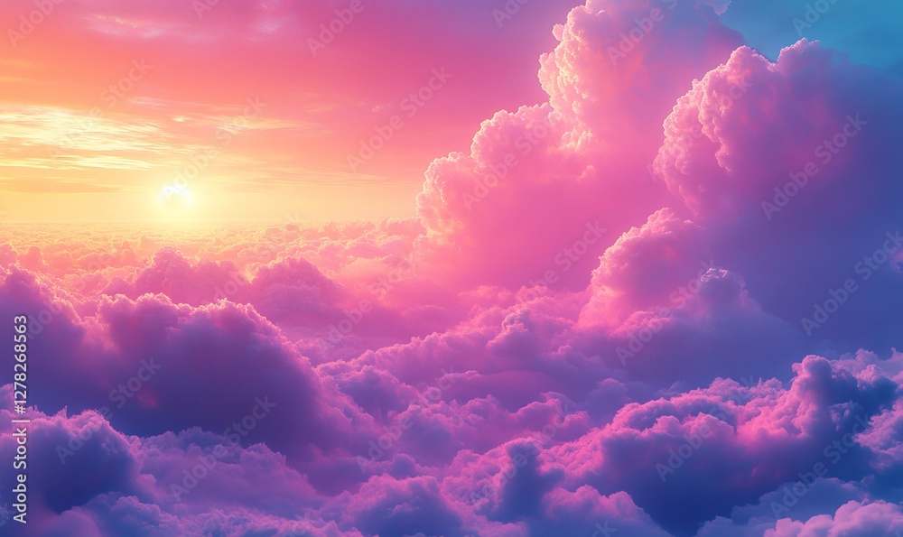 a breathtaking view of the sky filled with fluffy pink and purple clouds, bathed in the warm glow of the setting sun. The scene evokes a sense of peace, serenity, and awe a breathtaking view of the sky filled with fluffy pink and purple clouds, bathed in the warm glow of the setting sun. The scene evokes a sense of peace, serenity, and awe