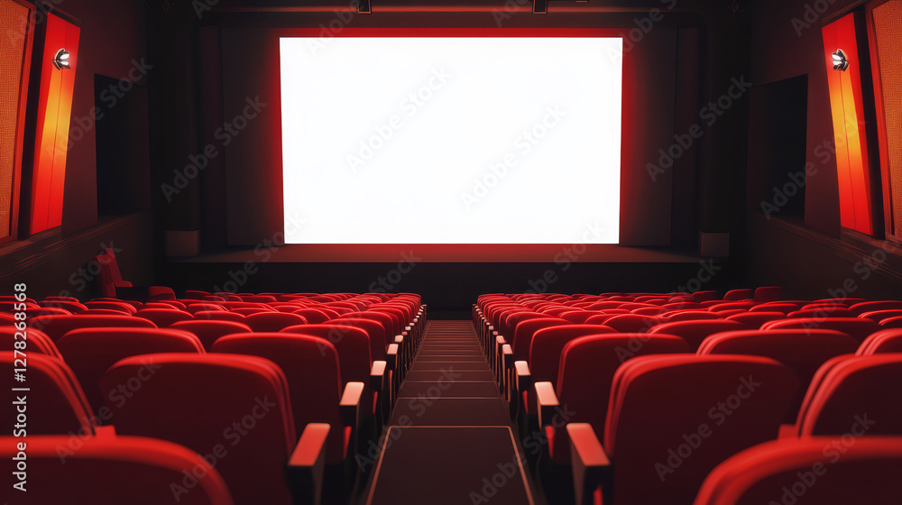 Fototapeta premium Cinema hall with audience seats and blank panoramic screen with transparent background. Template of movie theater auditorium interior with rows of red chairs, vector cartoon illustration