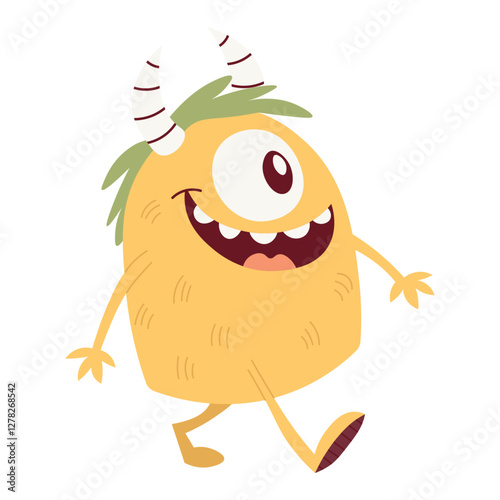 Cute yellow monster with horns and one eye. Vector children's flat illustration