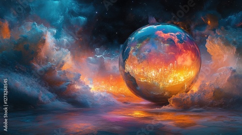 A Stunning Surreal Landscape Featuring a Colorful Ethereal Planet Surrounded by Dramatic Clouds Against an Enigmatic Universe at Dusk photo