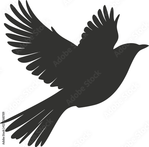 Black silhouette of a flying bird with wings spread wide.
