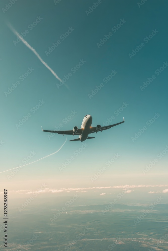 Fototapeta premium Airplane soaring through clear sky, leaving white trails behind,