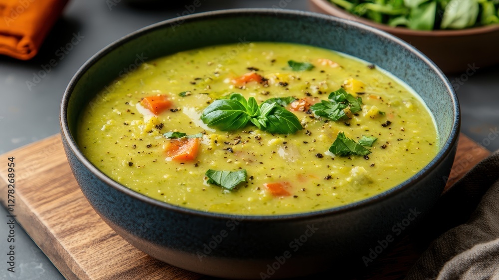 A vibrant bowl of green soup garnished with herbs and vegetables, perfect for a healthy meal. A vibrant bowl of green soup garnished with herbs and vegetables, perfect for a healthy meal.