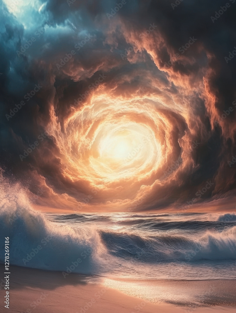 A beach with a dramatic sky filled with swirling clouds A beach with a dramatic sky filled with swirling clouds