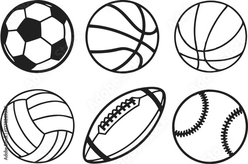 Sport balls set. Ball icons. Balls for Football, Soccer, Basketball, Tennis, Baseball, Volleyball. Vector illustration
