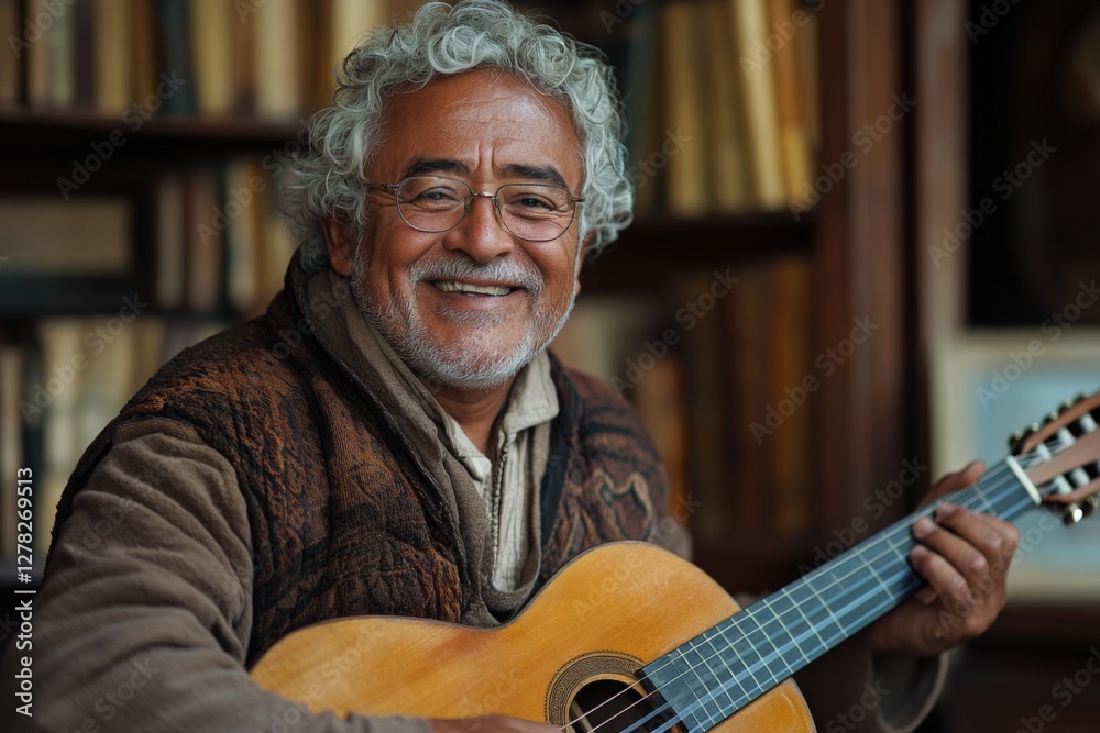 Obraz premium Smiling musician plays guitar in cozy library surrounded by books on a sunny afternoon