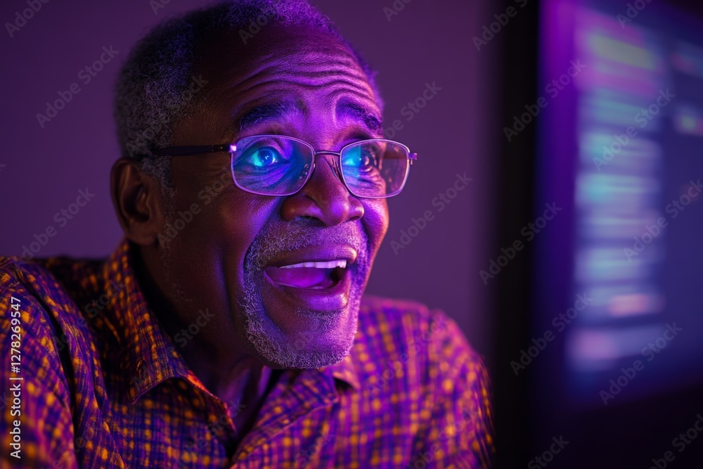 Senior man enjoys exciting moment while working at computer with colorful lighting in a cozy room Senior man enjoys exciting moment while working at computer with colorful lighting in a cozy room