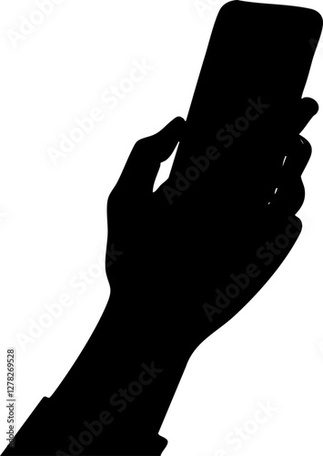 Silhouette of a hand holding a smartphone against a white background.
