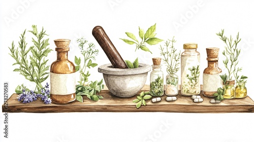 Watercolor Illustration of Herbal Medicine Ingredients