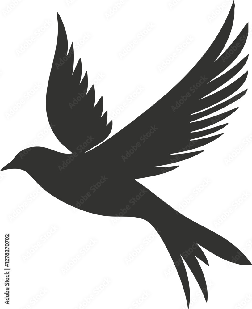 Obraz premium Silhouette of a flying bird with outstretched wings on a white background.