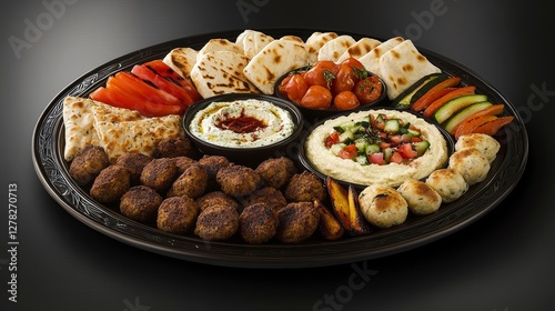 Mediterranean Feast Platter: A Colorful Array of Delicious Dips, Pitas, and Roasted Vegetables