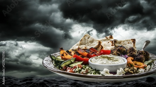 A Stunning Mediterranean Feast Under a Dramatic Sky: A Visual Delight of Grilled Vegetables, Meats, and Breads