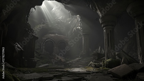 Sunlit Ancient Cave Ruins - A Mysterious Exploration