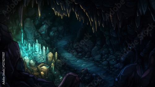 Enchanted Cave Interior: Crystal Formations and Glowing Gems. A Fantasy Underground Landscape