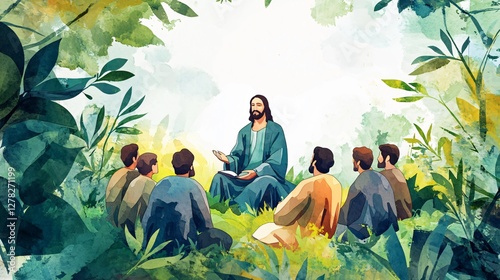 Jesus Christ Preaching to Disciples Watercolor Illustration