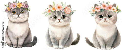 Watercolor painting of a cute British Shorthair cat with a flower crown on a white background