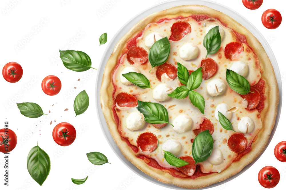 Mozzarella and Basil Dance on Pizza. White or PNG Transparent Background. Mozzarella and Basil Dance on Pizza. White or PNG Transparent Background.