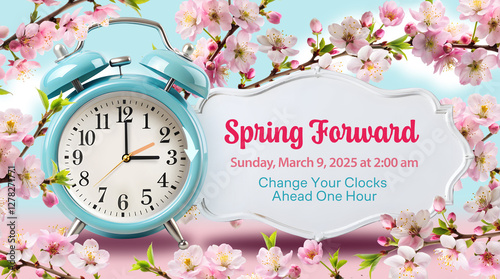 Daylight Saving Time Begins concept. Spring Forward Time banner with clocks moved forward one hour at march 9, 2025. Info poster with alarm clock and cherry blossom photo