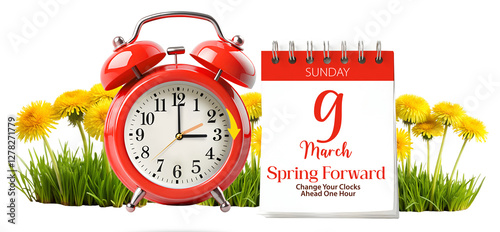 Daylight Saving Time Info Banner. Spring Forward concept with red alarm clock and moves arrow one hour forward with tear-off calendar date 9 march, 2025. Change clocks one hour ahead