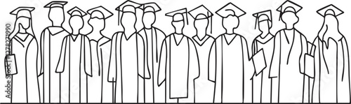 Line art illustration of graduates in caps and gowns celebrating.