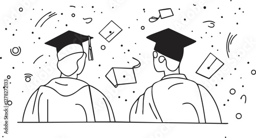 Two graduates in caps and gowns celebrate with confetti.