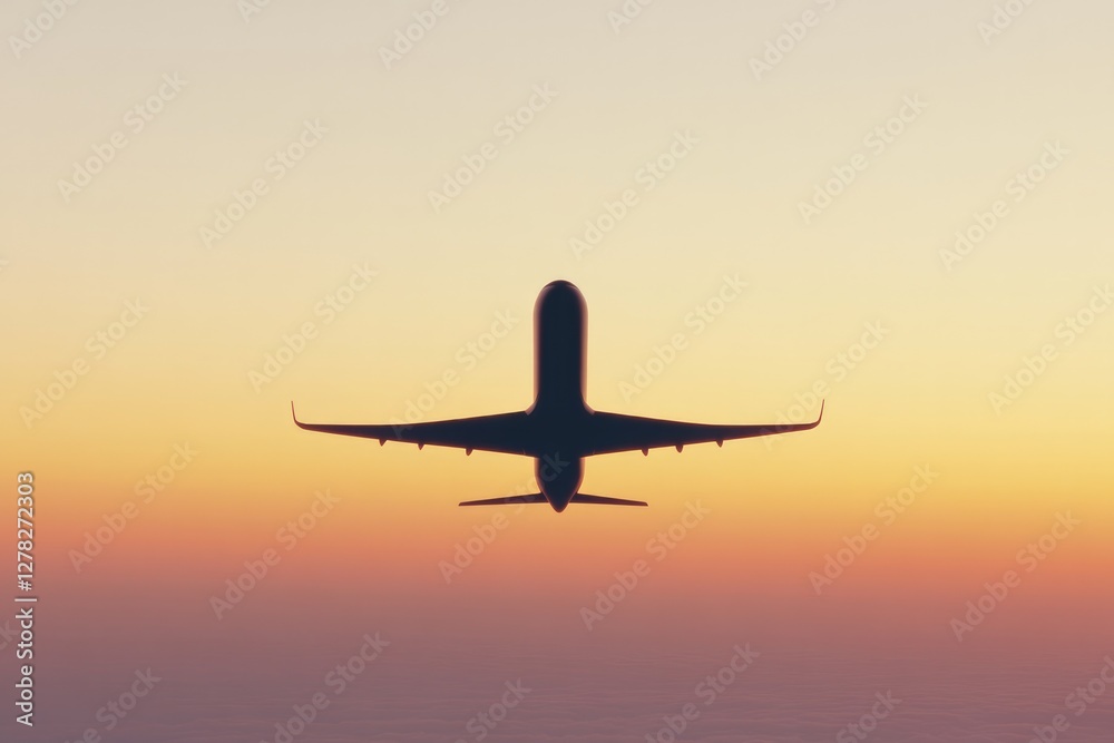 Silhouette of airplane soaring through colorful sunset sky, evok Silhouette of airplane soaring through colorful sunset sky, evok