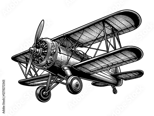 vintage biplane, featuring intricate mechanical details, propeller, and double wings sketch engraving generative ai PNG illustration. Scratch board imitation. Black and white image.