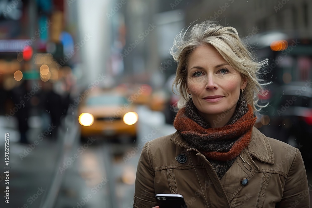 Capturing Technology: A Stunning Portrait of a Blond Woman Smiling and Using Her Phone in a Bustling City Street Capturing Technology: A Stunning Portrait of a Blond Woman Smiling and Using Her Phone in a Bustling City Street