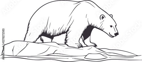 Illustration of a polar bear standing on ice in black and white.
