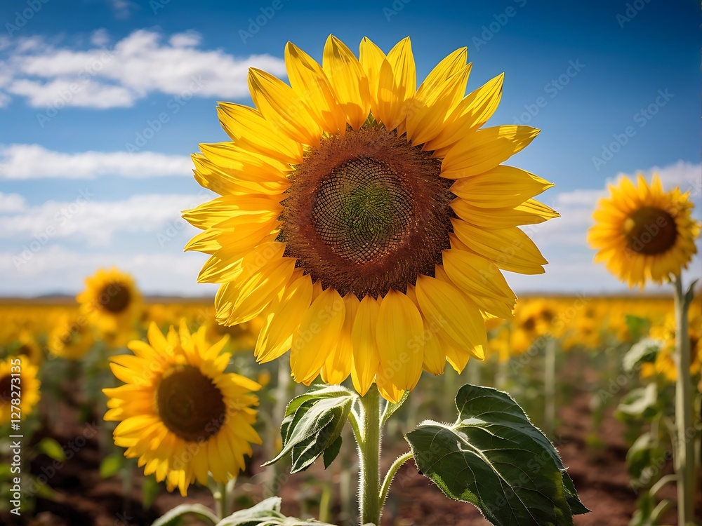Fototapeta premium A Single Sunflower in a Field of Yellow