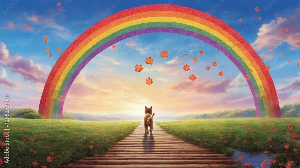 Rainbow bridge leading to the sky, with paw prints in the way. picture Rainbow bridge leading to the sky, with paw prints in the way. picture