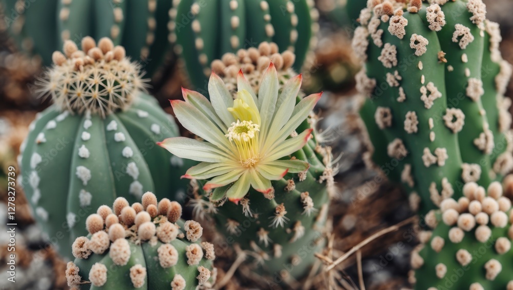Close Up of Blooming Cactus Flower with Detailed Texture and Green Background for Nature Inspired Designs and Text Overlays Close Up of Blooming Cactus Flower with Detailed Texture and Green Background for Nature Inspired Designs and Text Overlays