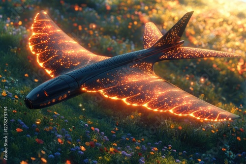 stunning aircraft with glowing wings soars above vibrant landsca