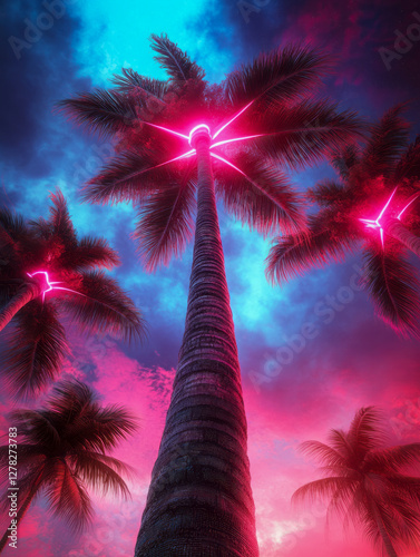 A palm tree against the background of an illuminated sky with neon-like clouds
