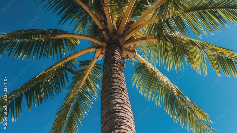 Fototapeta premium Exotic Palm Tree Silhouetted Against Clear Blue Sky Captured from Below Perspective in Vibrant Tropical Setting