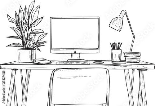 Minimalist black and white sketch of an office desk setup.